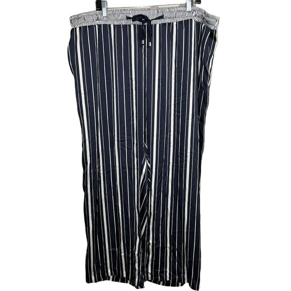 H and M Pants Womens Plus Size 24 Satin Wide Leg High Rise Blue Striped Casual - Picture 1 of 12